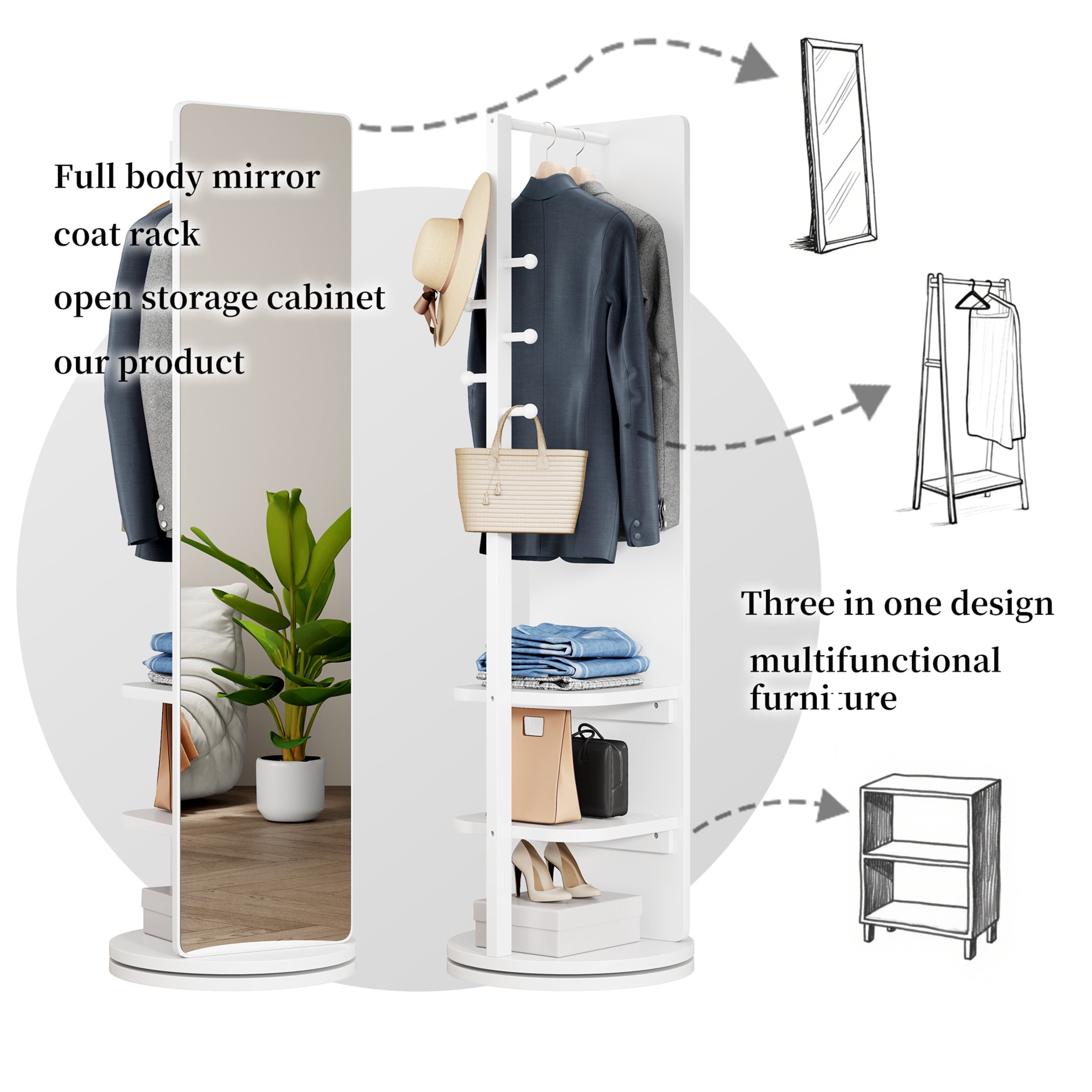 Noble House Gunther 360° Rotating Full-Length Mirror Coat Rack, Solid Rubberwood, for Small Space, Large, White