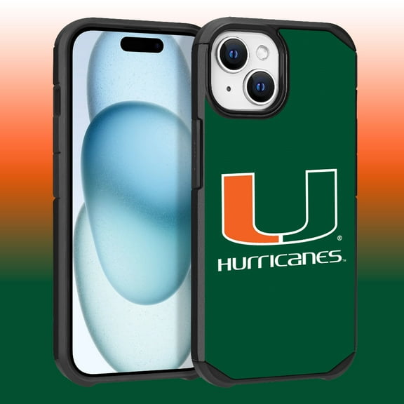 Apple iPhone 15 (6.1) / iPhone 14 (6.1) / iPhone 13 (6.1) - Licensed NCAA University of Miami Hurricanes Logo on Green Textured Dual Layer Case