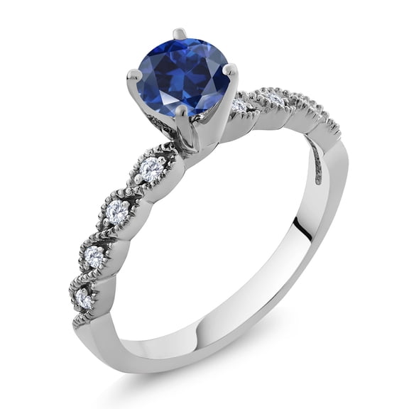 Gem Stone King 925 Sterling Silver Ring Round Blue Created Sapphire and Moissanite (1.12 Cttw, Size 5)