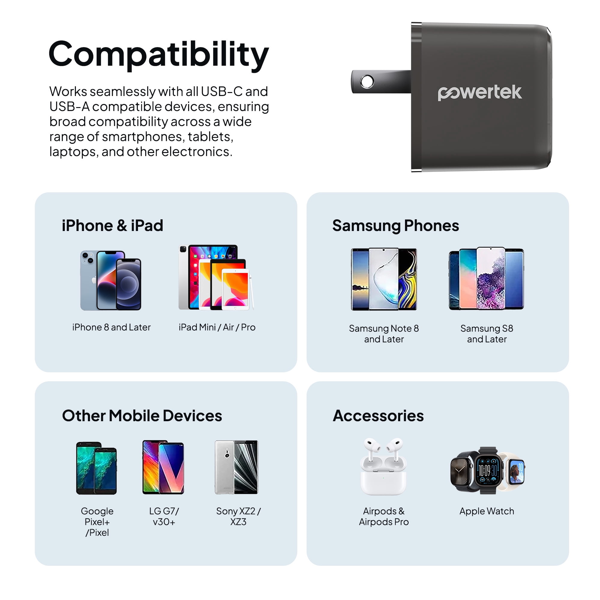 Powertek 20W USB-C PD + USB-A Dual Port Wall Charger, Carbon Design, Grey