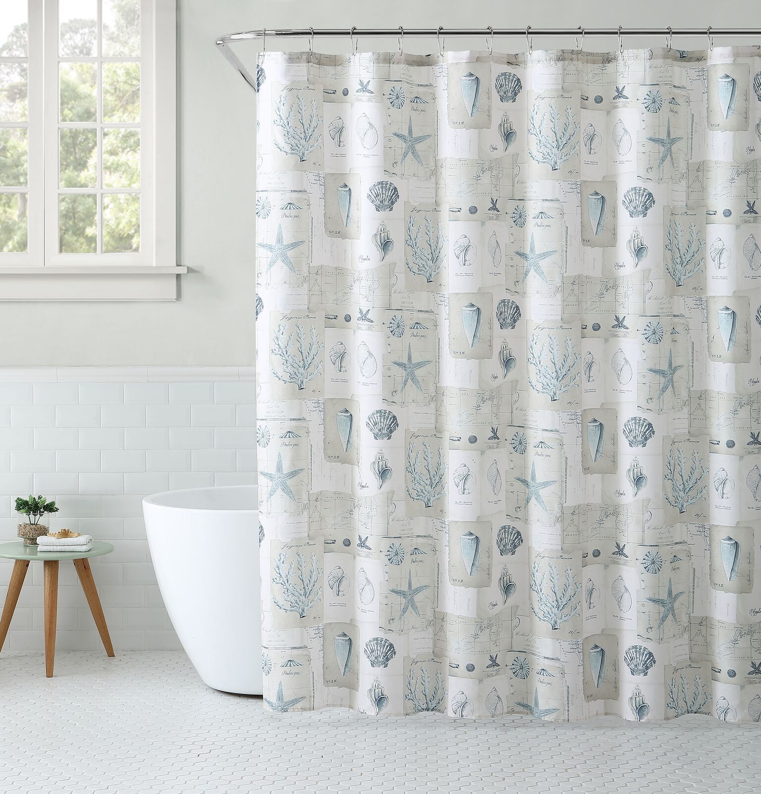 Coastal Traveler Nantucket Seaside Seashells Maps & Coral Fabric Shower