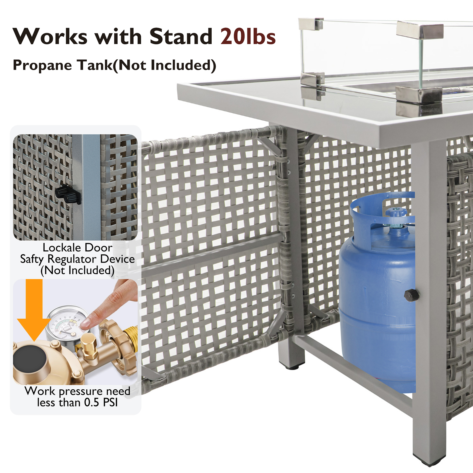 43" Propane Fire Pit Table for Outside Patio, 60,000 BTU Outdoor Fire Table with Glass Wind Guard & Steel Frame - Grey