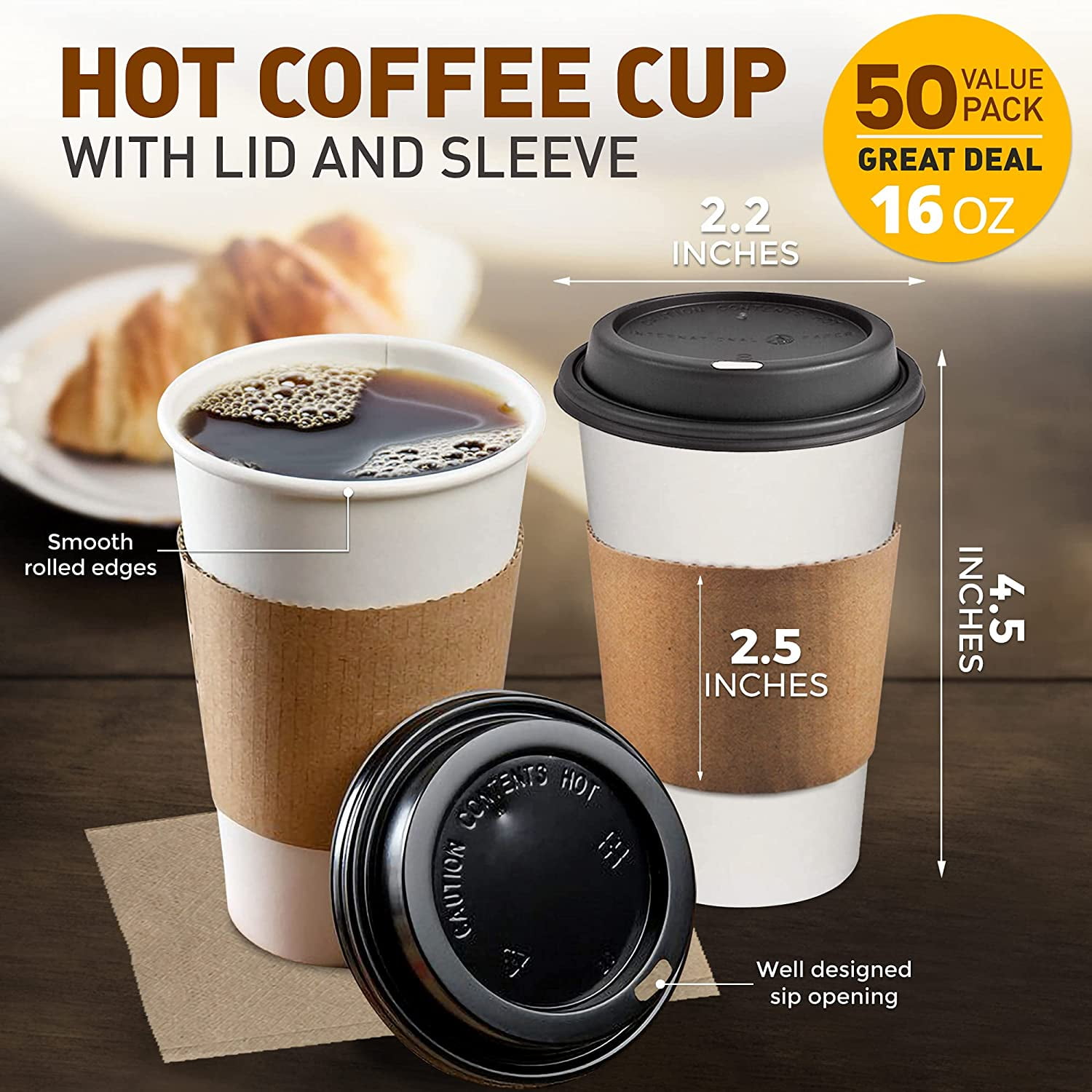 16oz White Paper Coffee Cups BUNDLE with White LIDS and SLEEVES Full Set 