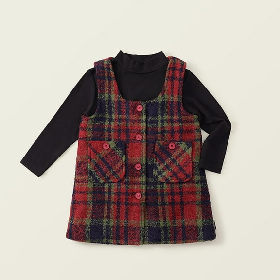 AUNVITO Girls Winter Warm Tweed Layered Dress Set 1-10Y Plaid Sleeveless Jumper   Solid Long Sleeve Top 2PC Outfit