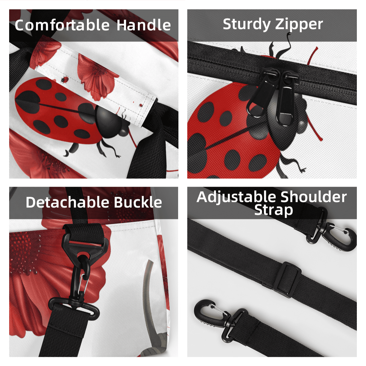 Herdesigns Sports Duffle Bags Travel Duffle Bag Gym Bag Red Ladybugs Poppy Floral Weekender Travel Bag Waterproof Overnight Bag Carry On Travel Tote Bag Dance Bags