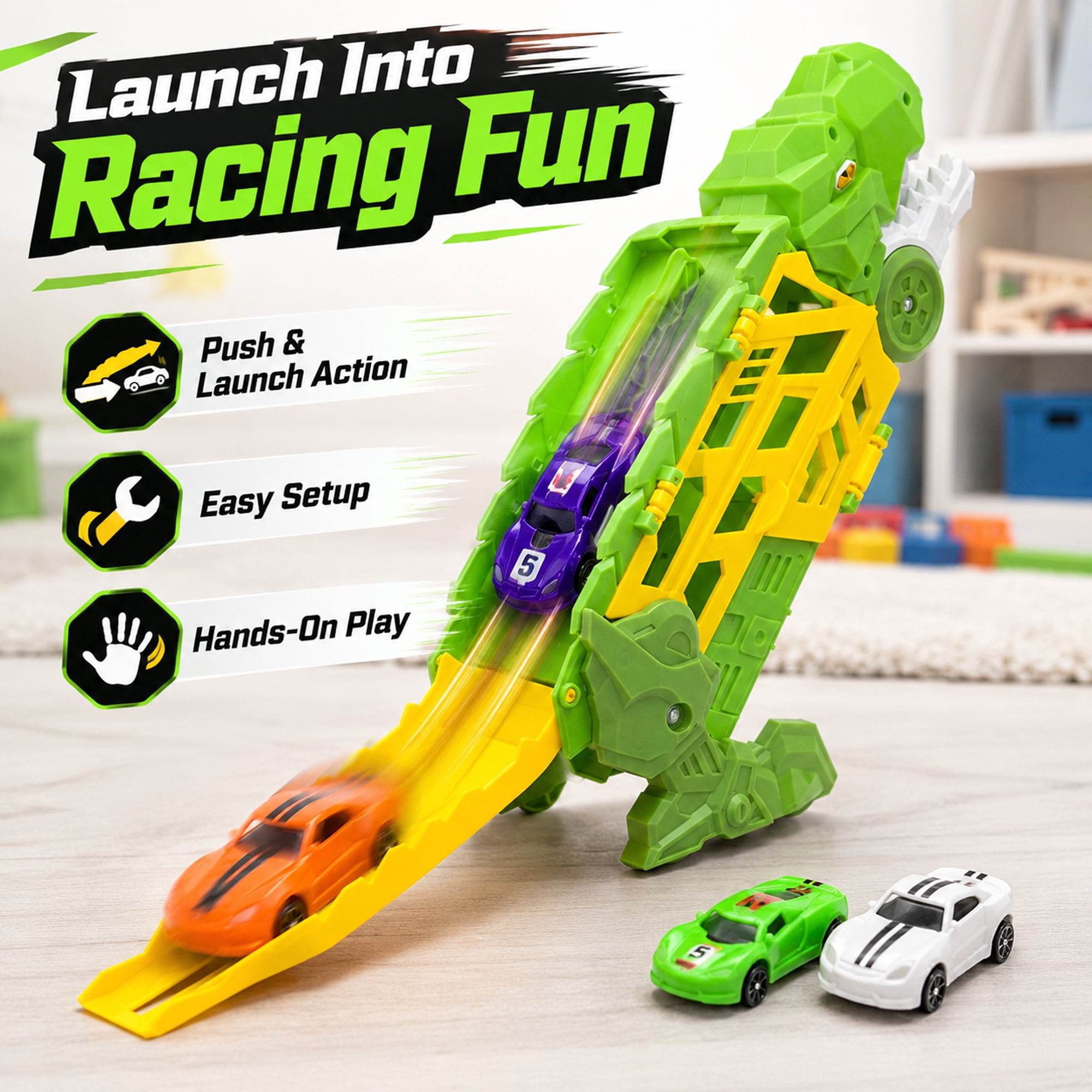 Dinosaur Truck Toy Car Carrier Race Track Playset with 4 Mini Cars, Push and Launch Vehicle Toy for Kids Ages 3+