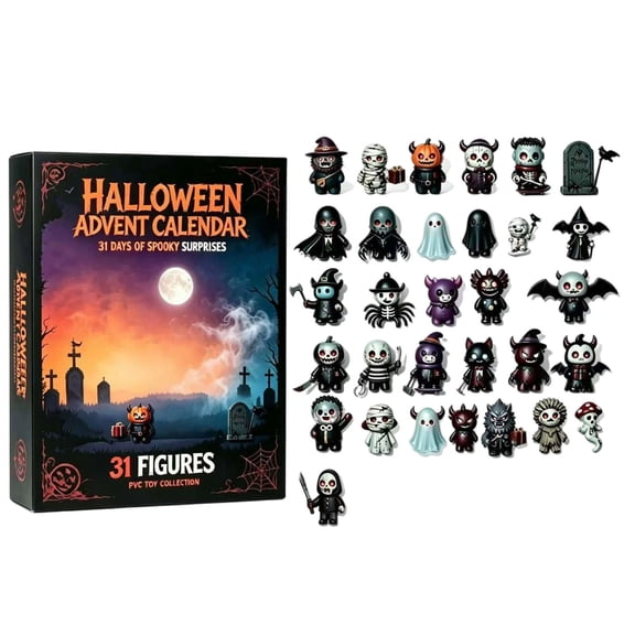Halloween Advent Calendar with 31 PVC Mini Ornaments, Countdown Gift Set with Hanging Decorations,Spooky Holiday Surprise Gift for Kids Adults
