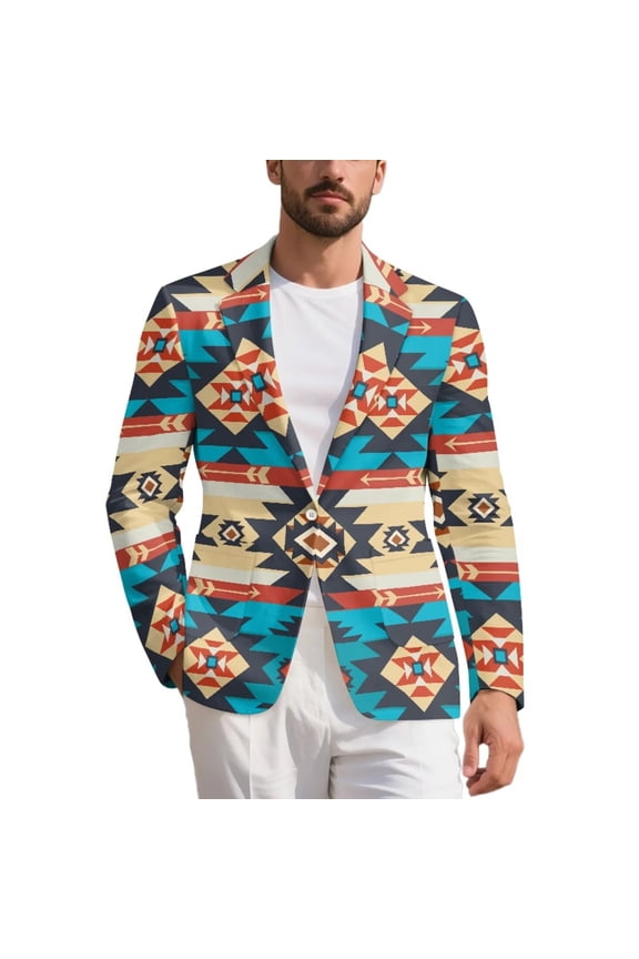 Tribal African Aztec Stripe Men's Long Sleeve Blazer Open Front Western Suit Jacket Work Office Notch Lapel Collar Blazer with Pockets