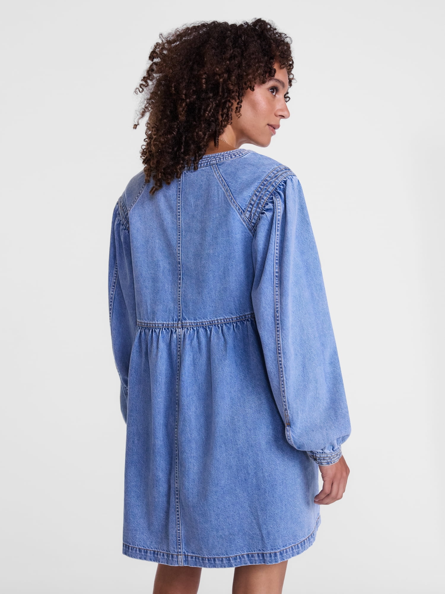 Scenario Women's Denim Empire Mini Dress with Long Sleeves, Sizes XS-XXXL