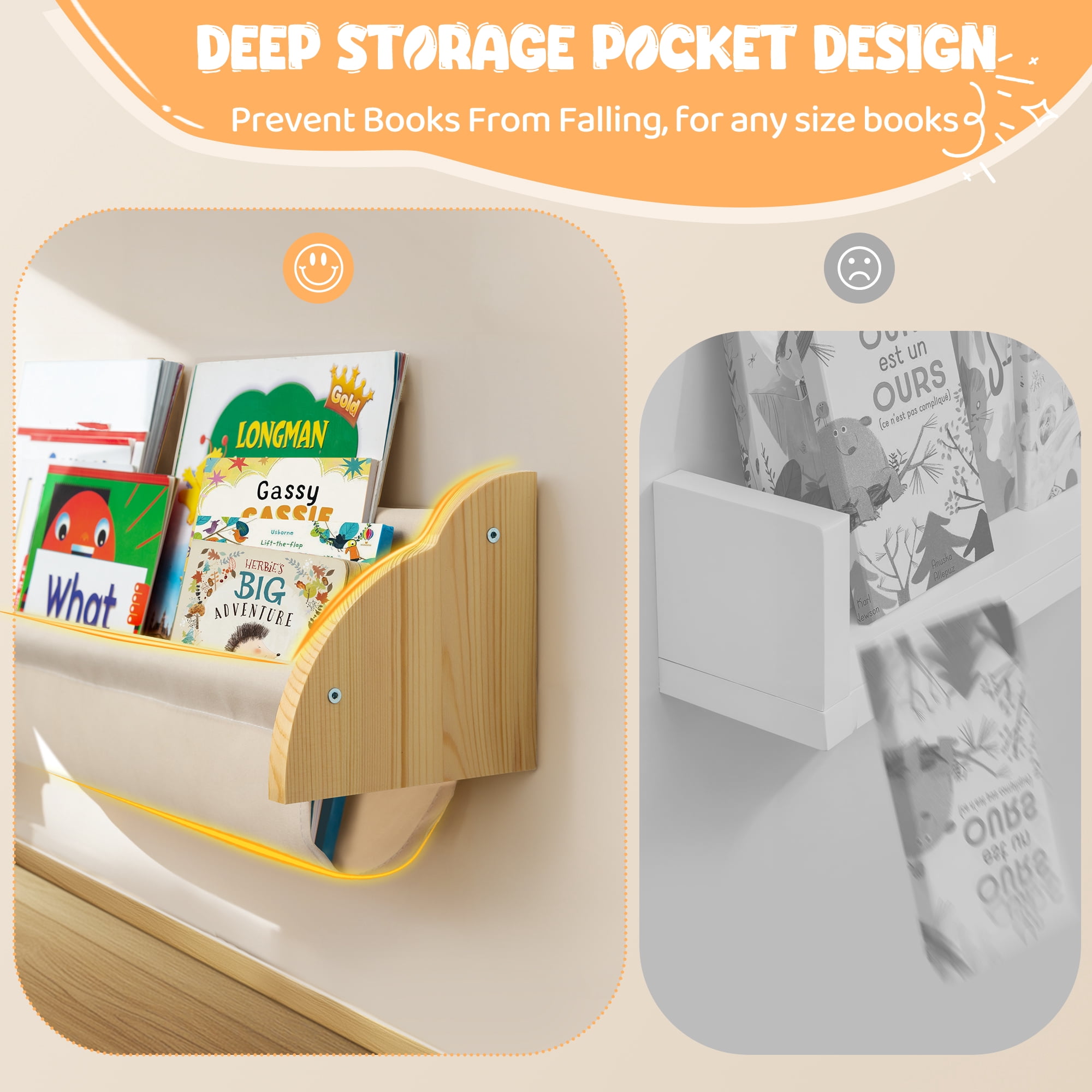 Sumgar Nursery Book Shelves for Kids Rooms Floating Shelf for Wall Mount Book Storage Wooden Organizer Rack for Toddler Baby Childrens Bedroom Playroom, Canvas Set of 2, Home Decor Gift for Christmas