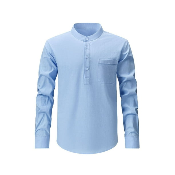 Blusa y camisa de manga larga con cuello alto para hombre, informal, de color liso, con cuello alto, manga larga, bolsillo con medio botón, blusa de poliéster para hombre