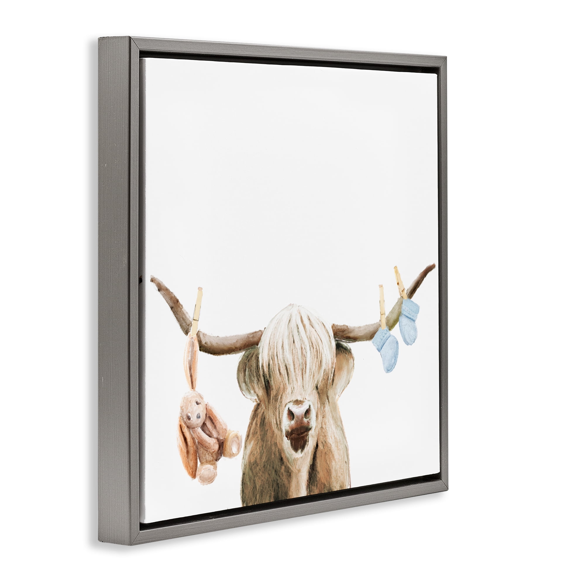Highland Cow Baby Boy Gray Framed Floater Canvas Wall Art, design by Ali Lynne