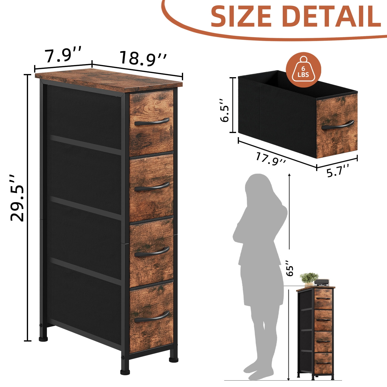 Eunos Narrow Dresser with 4 Slim Drawers for Bathroom Storage Cabinet Hallway, Wood Grain Print