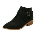 thumbnail image 3 of Leozcaa Women's Ankle Boots Chunky Low Heel Buckle Belt Strap Booties Leather Pointed Toe Short Boots, 3 of 9