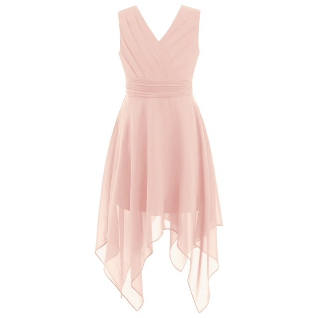 YONGHS Robe en Mousseline pour Filles Enfants Col en V Sans Manches Ourlet Asymétrique Taille Plissée Robe de Demoiselle d'Honneur de Fête Rose 10