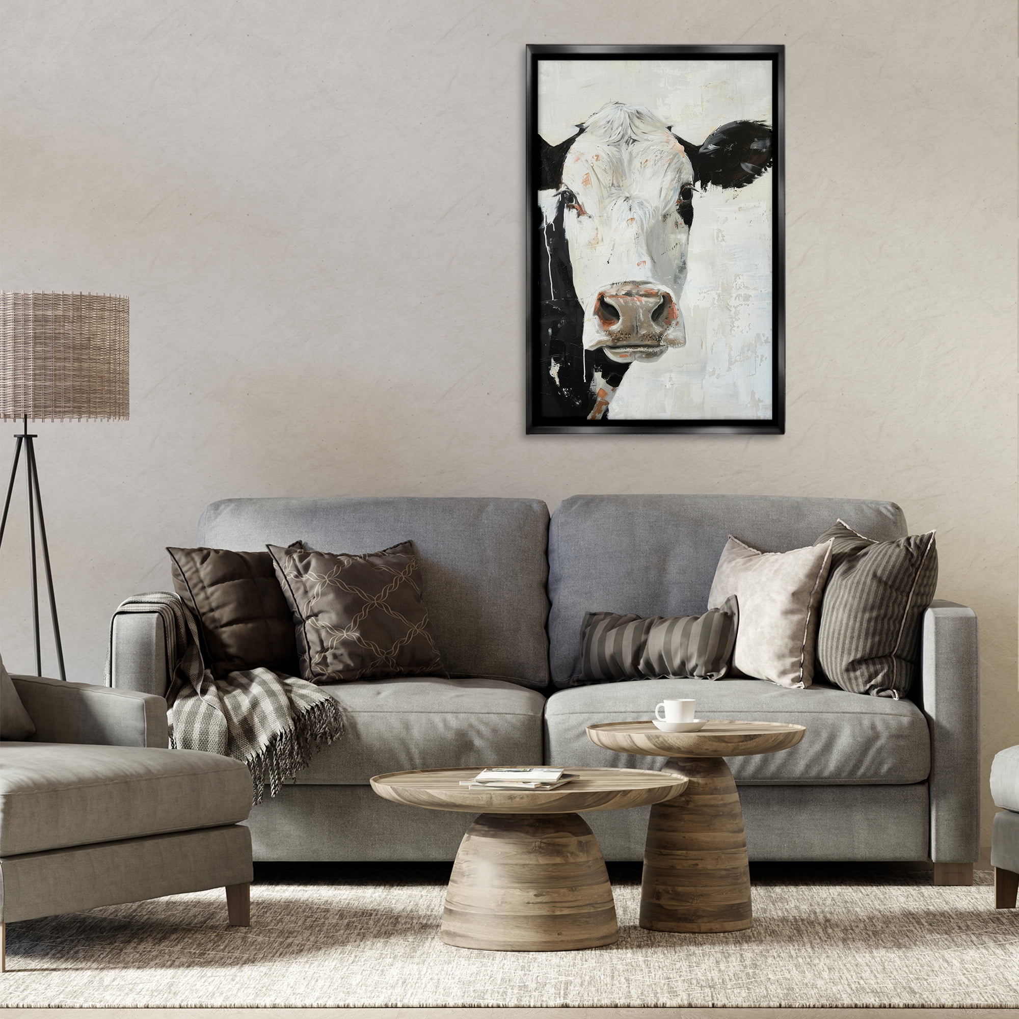 Stupell Industries Up Close Cow Animals & Insects Painting Black Floater Framed Canvas Art Print Wall Art, 21 x 31