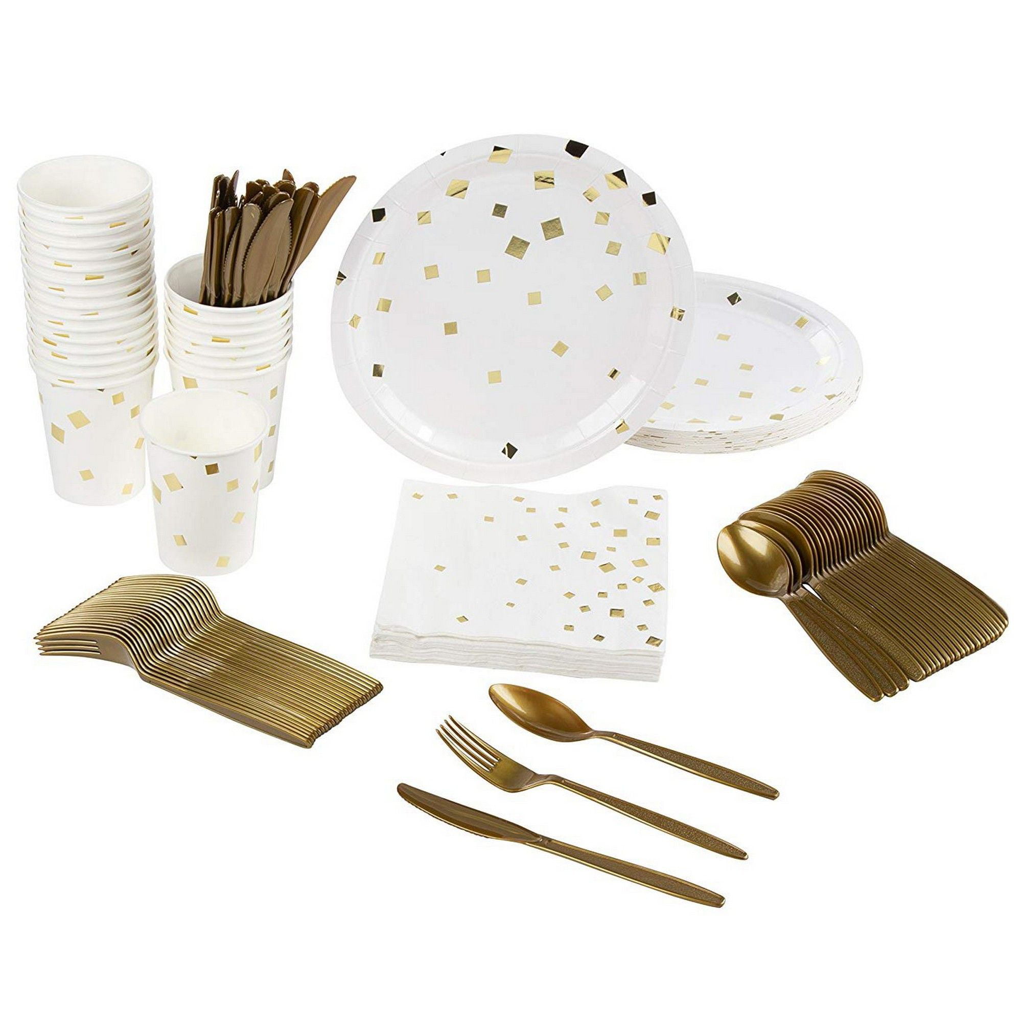Serves 24 White and Gold Party Supplies, 144PCS Plates Napkins Cups, Favors Decorations Disposable Paper Tableware Kit Set for Wedding Bridal Shower Birthday Bachelorette Engagement Baby Shower