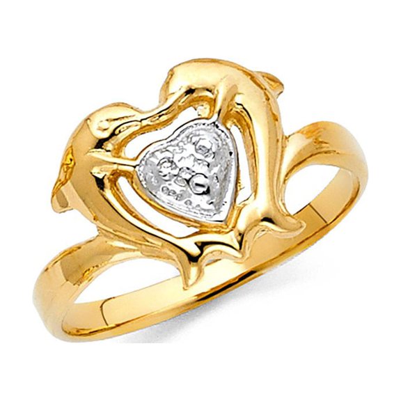 14k Two Tone Solid Gold Lucky Dolphins Shaped Heart Ring 11mm
