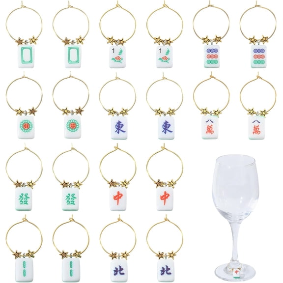 20 Pcs 10 Style Mahjong Wine Glass Charms Glass Marker Charms Kit Alloy Pendants Wine Identifiers Ring Drink Tags for Party Multi-color