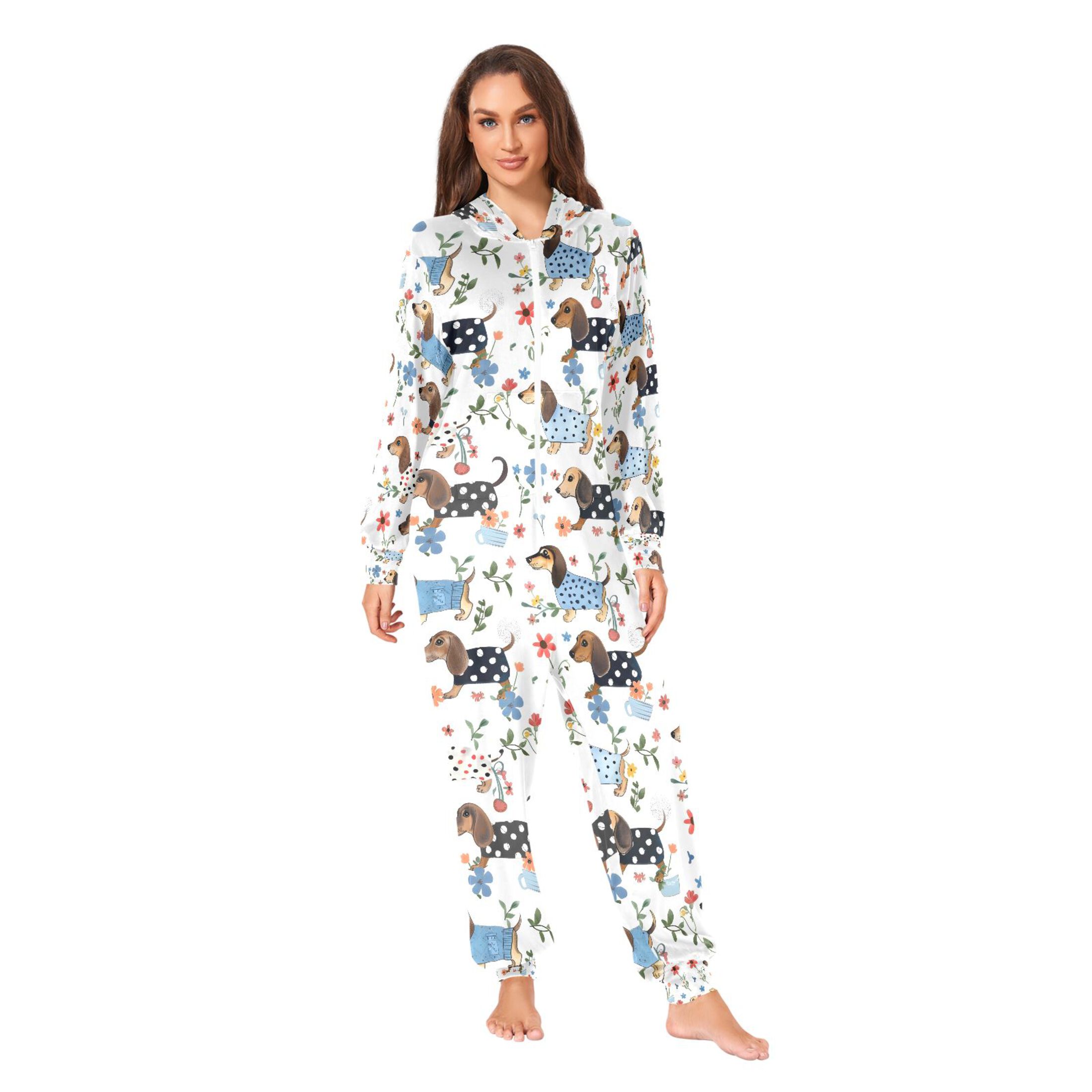 Adult Christmas Onesie Dachshund Adult Zipper One-Piece Pajamas Unisex Pajamas with Pockets