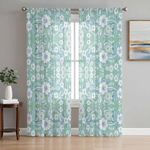 Light Green Blue Floral Sheer Curtains 84 Inch Length 2 Panels Set, Vintage Pastoral Botanical Voile Window Treatment Rod Pocket Curtains Sheers Drapes for Bedroom/Living Room/Kitchen 52"x84"x2