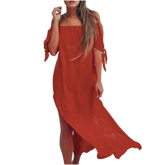 JINMGG 2026 Summer Dresses under $10.00 Fashion Women Casual Summer Dresses Short Sleeve Off-The-Shoulder Casual Solid Long Dress
