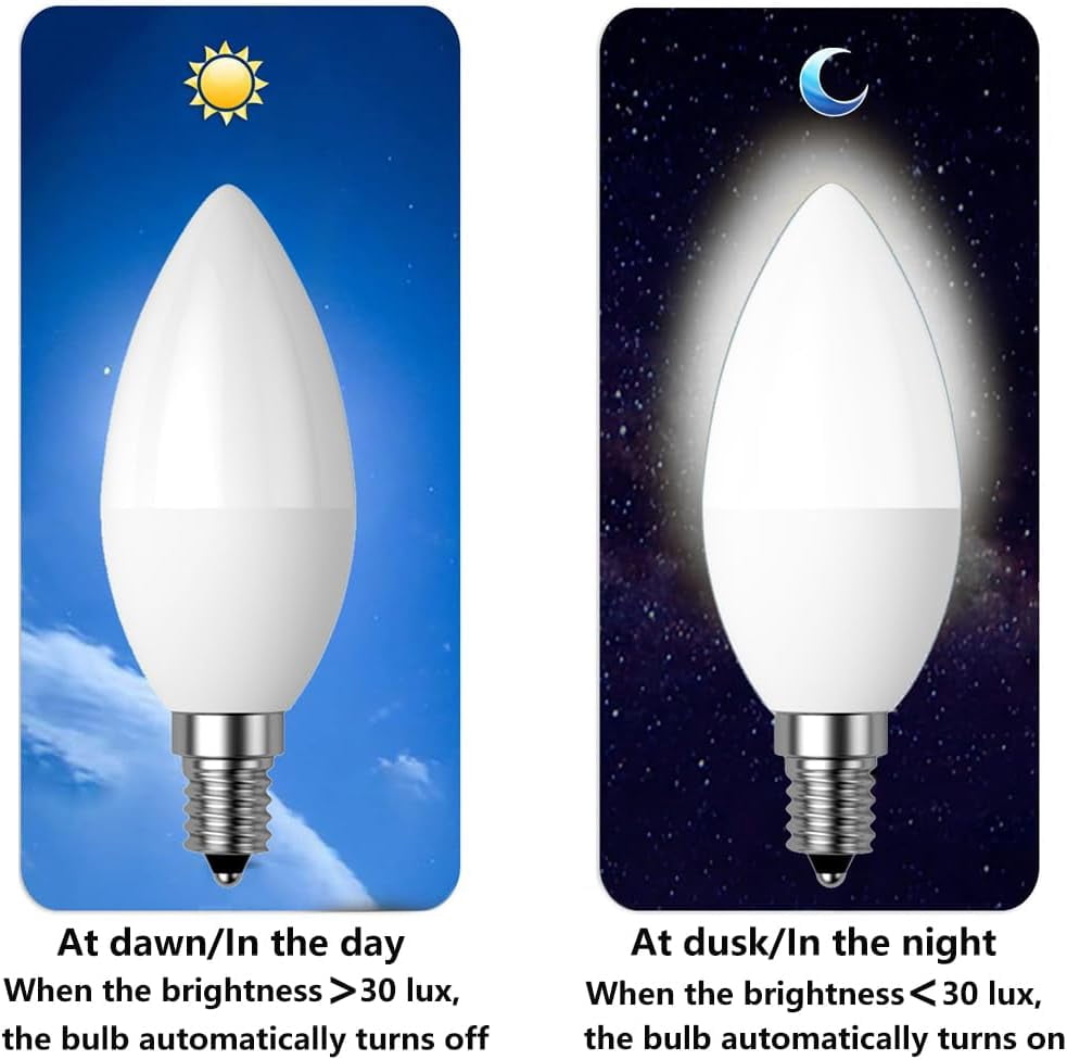 FEFEFW-Dusk to Dawn Light Bulb, E14 Candelabra Light Sensing LED Bulbs Auto On/Off 5W 400LM Cold White 6000K for Home Outdoor Yard Porch Patio Garage Pathway, Can Replace 40W Incandescent Bulbs, Pack