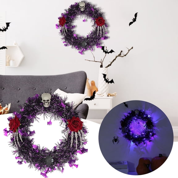 Halloween Wreaths for Front Door with Lights, Halloween Skull Wreath with Hands, Red and Black Artificial Roses and Plants, 16 Inch Gothic Garland Creepy Decor for Home Front Door and Window