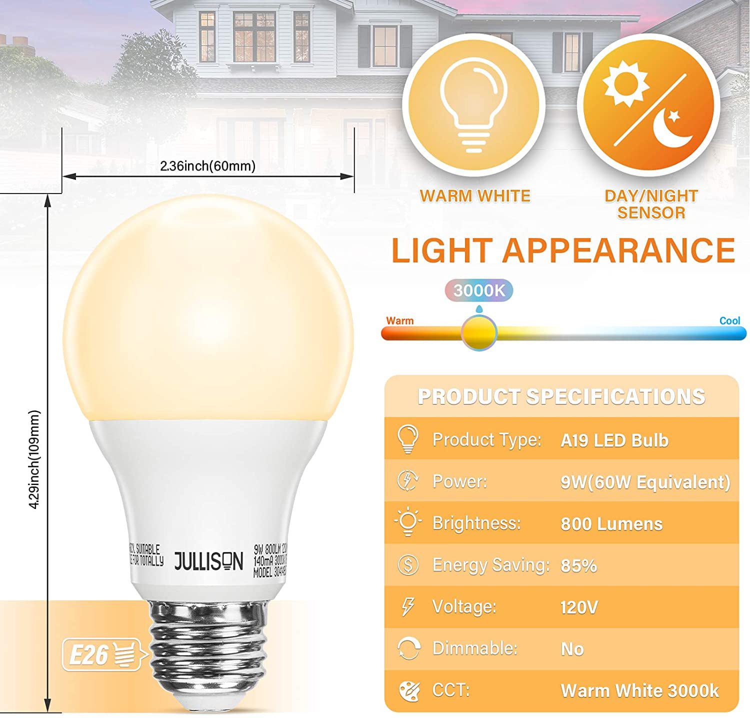 Led Smart Bulb Security Light Dusk To Dawn 9w = 60w Equivalent 800L 3000k E26 