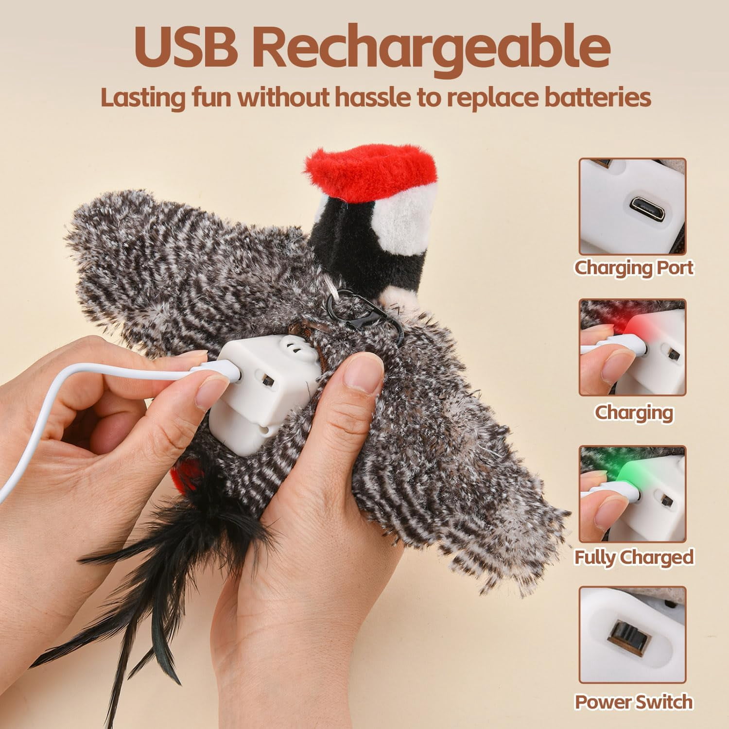 QD-Gotrays Interactive Cat Toys, Rechargeable Chirping Flapping Bird(no Flying) with Catnip for Indoor Cats, Touch Activated, Plush Kitten Exercise Toys (Brown Sparrow)