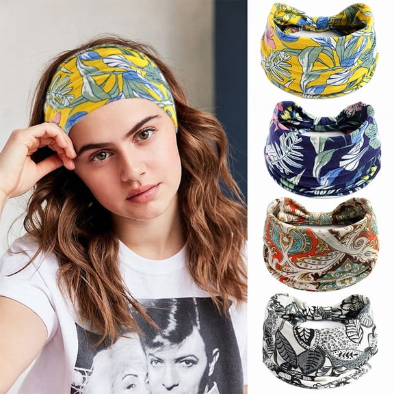 4 PCS Wide Headbands for Women Large Turban Headband Non Slip Boho Elastic Hairband Hair Twisted Knot Head Bands Accessories