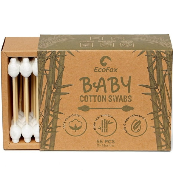 Bastoncillos de algodón para bebés EcoFox, 220 unidades, biodegradables y orgánicos