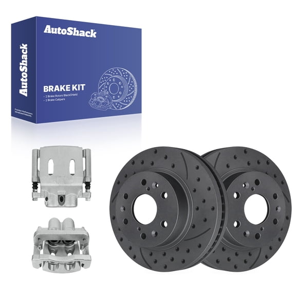 AutoShack Front Brake Rotors & Calipers for Chevrolet, Silverado 1500 2005-2008 - Coated Drilled & Slotted - Black Matte Finish - BlackShield - 12.99" (329.9 mm), 6-Lug