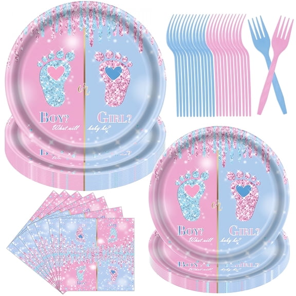 BPPEG Gender Reveal Party Supplies Set, Watercolor Theme, Disposable (96 Pieces)