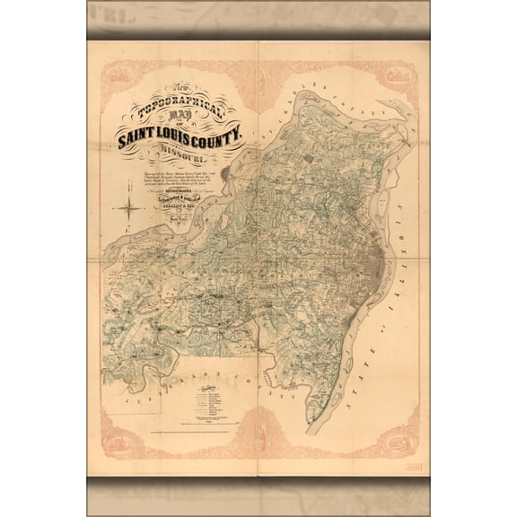 24"x36" Gallery Poster, topographical map of Saint Louis, Missouri 1857