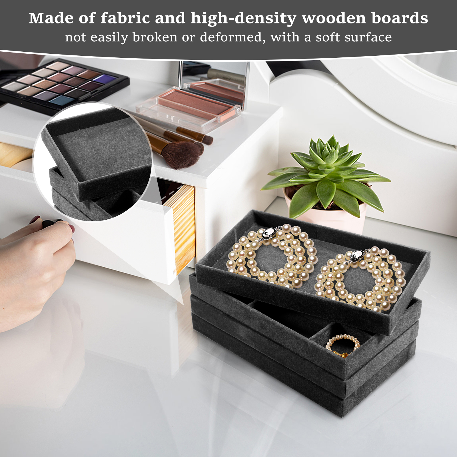 Velvet Jewelry Trays for Drawers, Set of 12 Stackable Jewelry Drawer Organizer Inserts, 4 Styles Black Velvet Drawer Compartment Organizer Tray for Rings, Earrings, Necklace, Bracelet, Watch