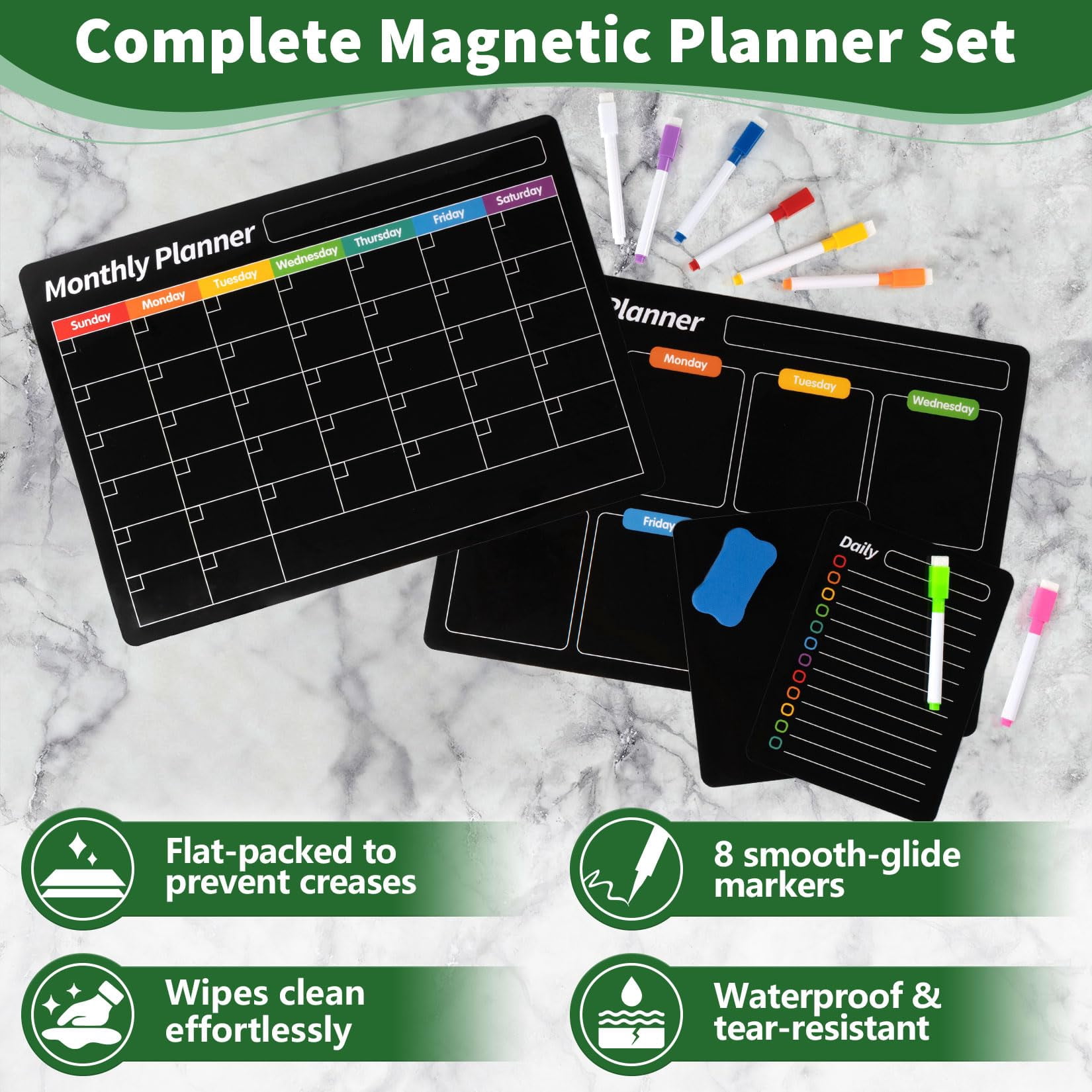 4 Pack Magnetic Dry Erase Board Set  16.5"x11.8" Calendar For Refrigerator Fridge Black Weekly Planner Whiteboard Easy To Use With 8 Markers & Eraser