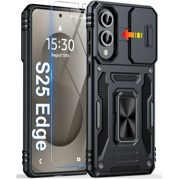ANTSHARE For Samsung Galaxy S25 Edge Case, [9H Screen Protector] [Slide Camera Cover & Rotatable Kickstand] Military Grade Protection Shockproof Anti-Scratch Cover for Samsung S25 Edge 6.7” - Black