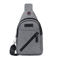 thumbnail image 2 of Bolsa de pecho para hombres, mujeres | Bolso bandolera bandolera con múltiples compartimentos con cremallera, correa ajustable, agujero para auriculares | Azul gris Oxford de tela ligera 32x19x6cm, 2 of 6
