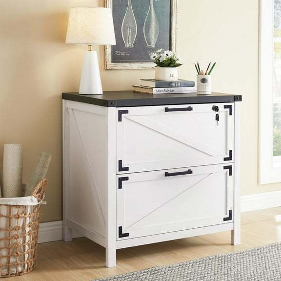 T4TREAM Farmhouse File Cabinet Lockable Wood 2 Drawer Large Storage Box for Home Office, White