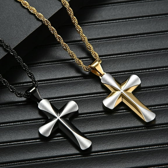 Metaljc Stainless Steel Cross Pendant Necklace for Men, 24" Chain, Religious Jewelry Gift, 2 PCS