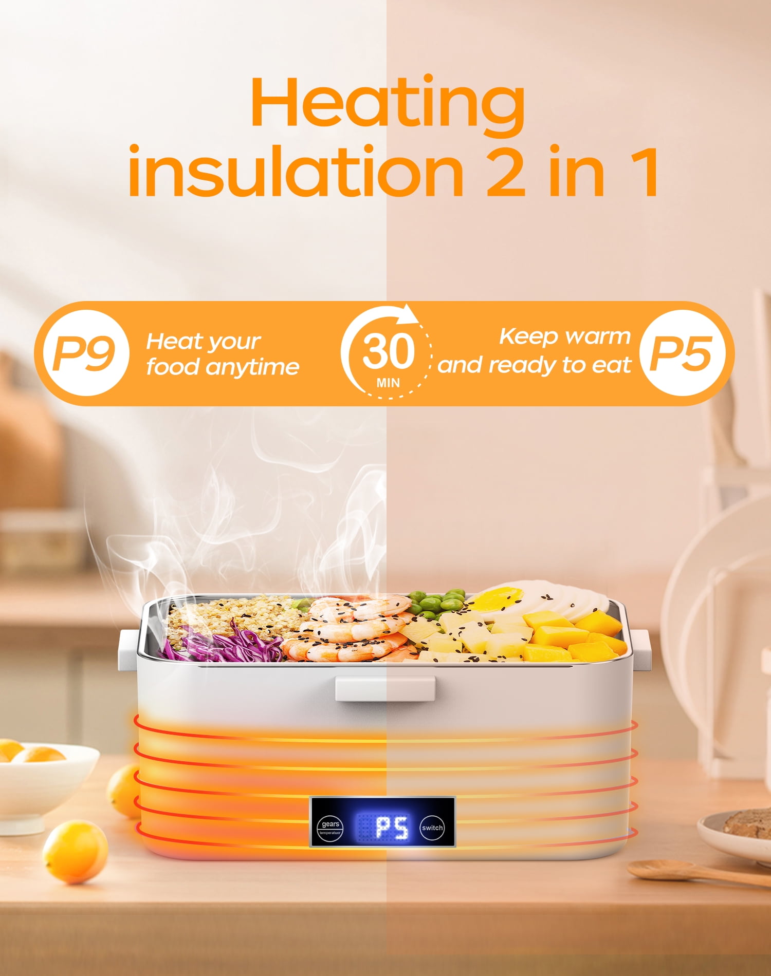 80W Electric Lunch Box, Food Warmer Heater  with 1.8L Container and Digital Screen, 12V 24V 110V Portable Heated Lunch Box