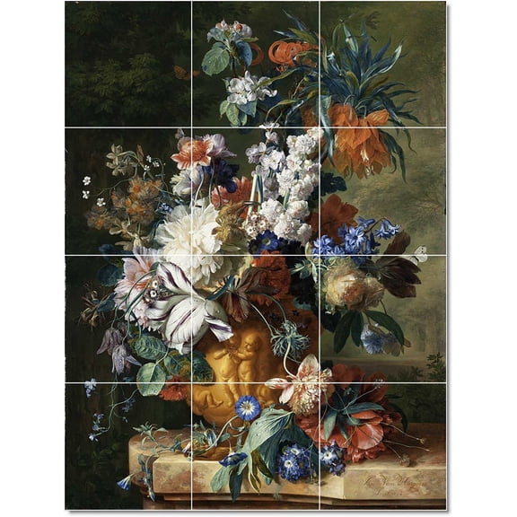 Ceramic Tile Mural-Jan van Huysum Flowers Painting 155. 12.75" w x 17" h using (12) 4.25 x 4.25 ceramic tiles