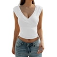 thumbnail image 2 of Women'S Y2K V-Neck Wrap Front Cap Sleeve Fitted Cropped Tank Tops White M, 2 of 8