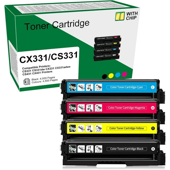 CS431 CX431 CX331 CS331 Toner Cartridge High Yield Compatible for Lexmark 20N10K0 20N10C0 20N10M0 20N10Y0 Toner Compatible for Lexmark CS331dw CX331adwe CS431dw CX431adw Printer (4 Pack)