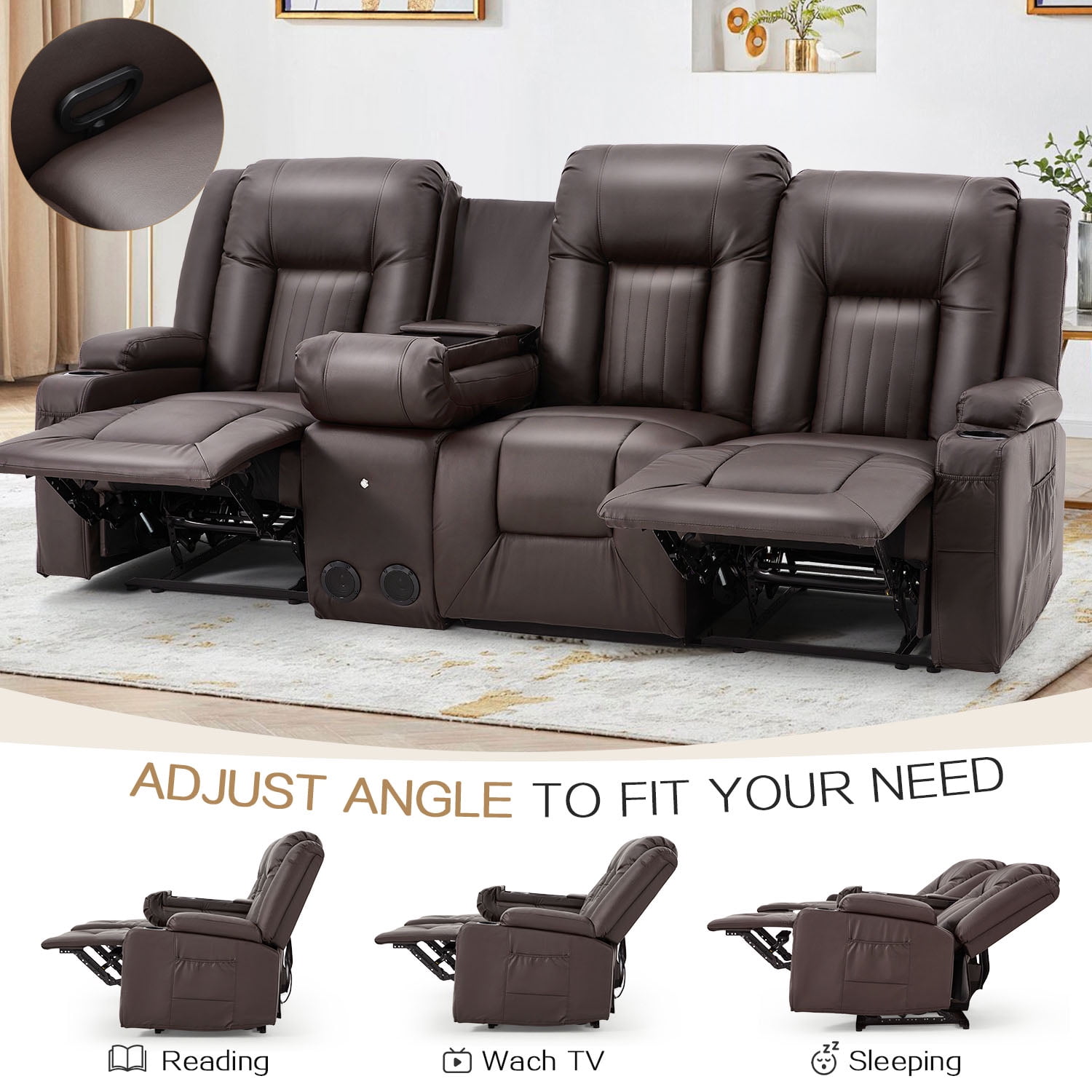 AECOJOY Reclining Sofa with Console&Bluetooth Speakers, Manual RV Recliner Couch with USB Ports&4 Cup Holders, 2 Side Pockets Recliners on Clearance Home Theater Seating, Fuax Leather, Brown