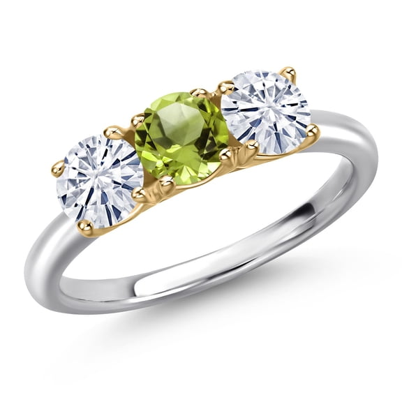 Gem Stone King 925 Silver and 10K Yellow Gold Green Peridot and White Moissanite Engagement Ring for Women | 1.55 Cttw | Round 5MM | Gemstone August Birthstone | Size 8