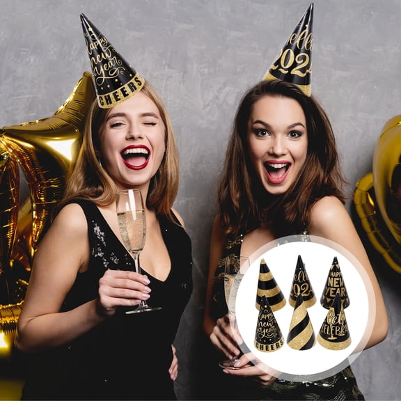 OFFIGAM 6pcs New Year Party Favors Paper Cone Hats Black Decorative Hats for Adults and Teens Celebration