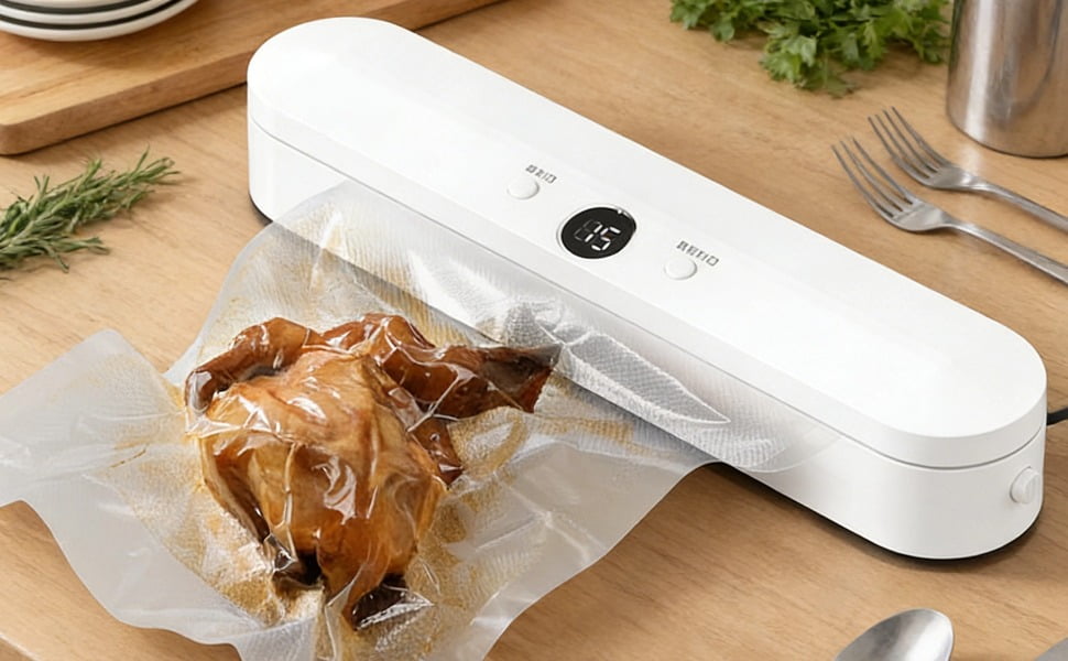 Compact Food Vacuum Sealer for Food Preservation, Automatic Vacuum Sealer for Plastic Bags, Including 110 Sealing Bags, One-Button Operation, 60Kpa Vacuum, Keeps Food Fresh for Longer