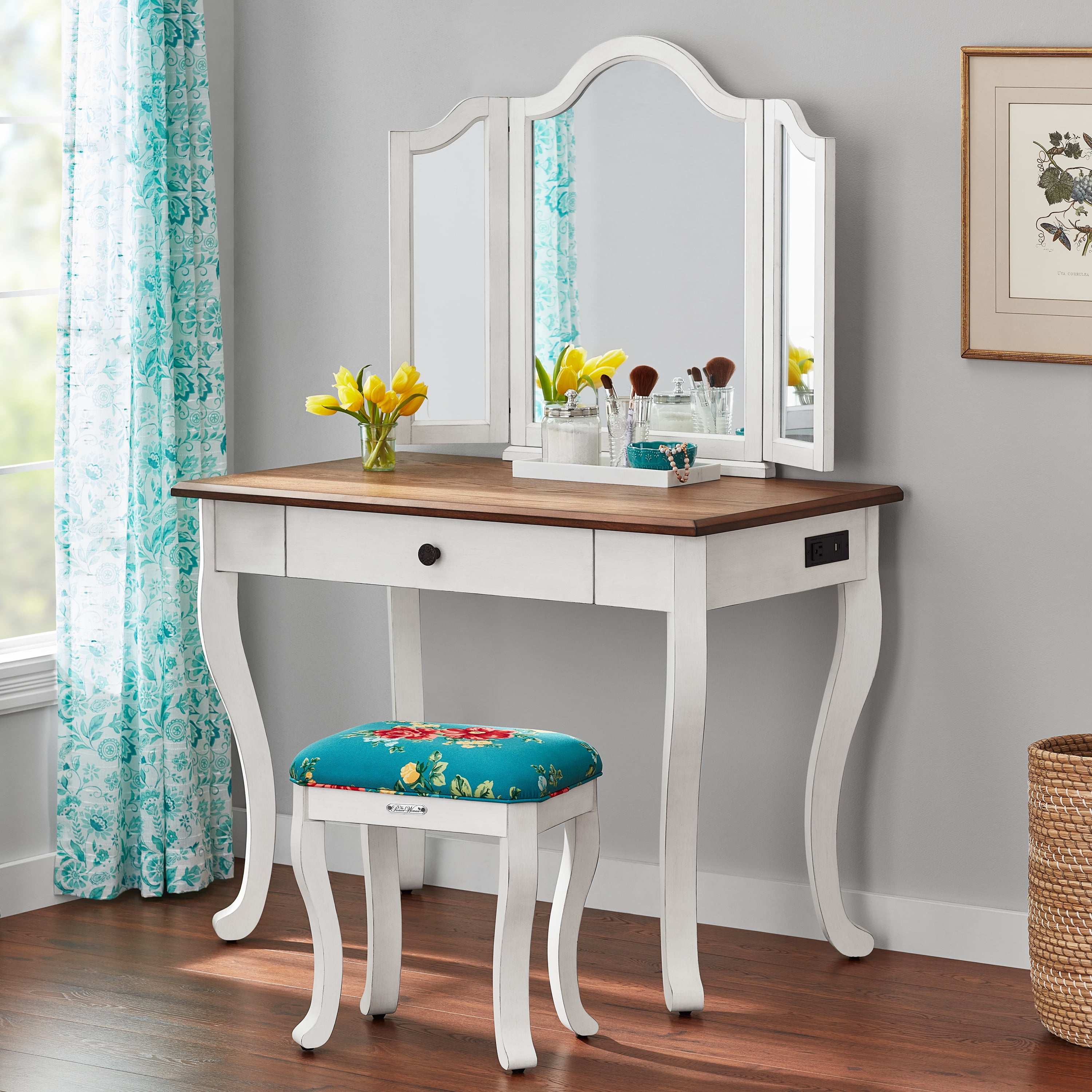 The Pioneer Woman Vanity Set and Stool with Tri-Fold Mirror and Made With Solid Wood Frame, White